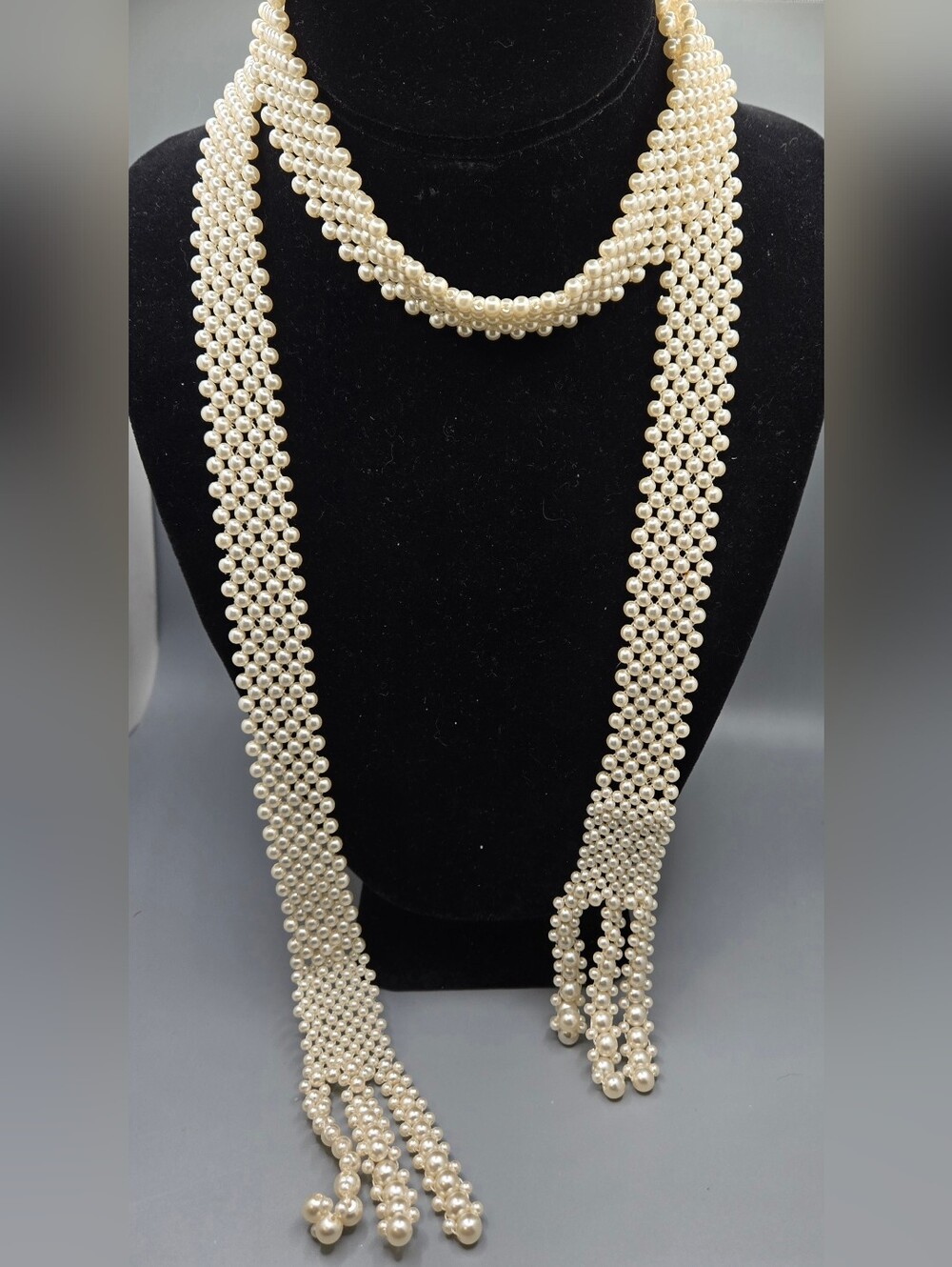 Faux Pearl Scarf Necklace w/ "Fringe" Many Wearing Options